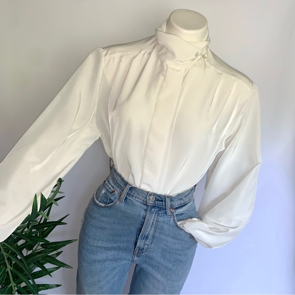 v i n t a g e :: Draped Pleated Satin High Neck Ballon Sleeve Blouse - Picture 9 of 9